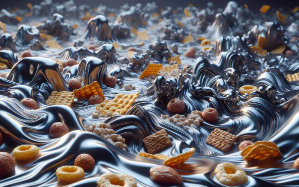 A dynamic HD desktop wallpaper featuring a surreal landscape of cereal pieces swirled in shiny, flowing metallic textures.