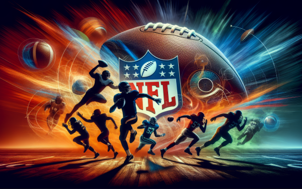 Dynamic NFL-themed HD desktop wallpaper featuring an action-packed illustration of football players in motion with the NFL logo at the center.