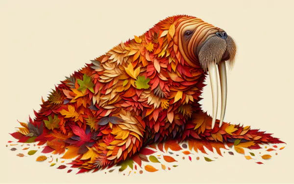 HD desktop wallpaper featuring an artistic representation of a walrus made of autumn leaves.