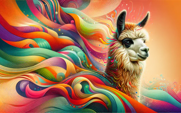 HD desktop wallpaper featuring a vibrant, colorful illustration of an alpaca with swirling abstract background patterns.
