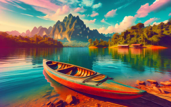 Vibrant HD desktop wallpaper featuring a serene kayak on a calm lake with majestic mountains in the background.