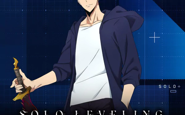 HD desktop wallpaper featuring Sung Jin-Woo from Solo Leveling anime, poised with a dagger in hand against a stylized blue background.