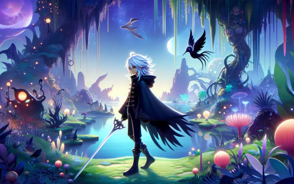 A vibrant HD desktop wallpaper featuring Sephiroth from Final Fantasy, standing in a mystical landscape filled with flora and fauna, illuminated by surreal colors and lighting.