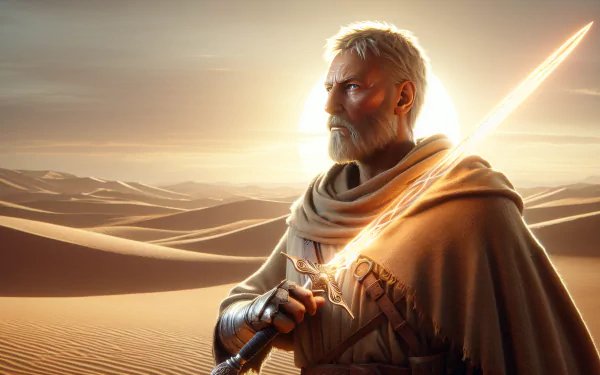 High-definition desktop wallpaper featuring a character with a lightsaber standing in a desert at sunset.