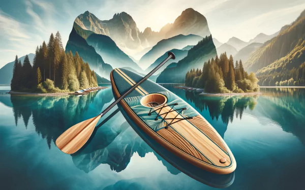 A serene landscape featuring a paddle board with a paddle, surrounded by majestic mountains and calm waters, creating a stunning HD desktop wallpaper and background.