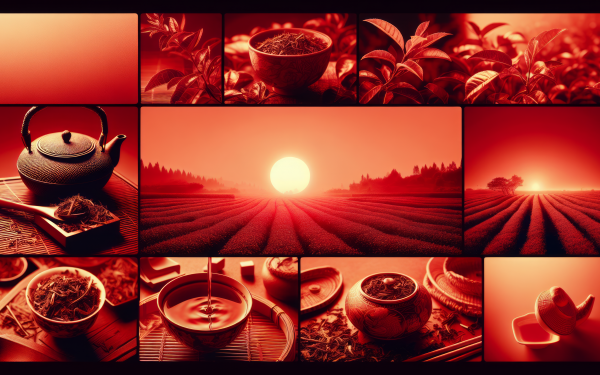 HD desktop wallpaper featuring a collage of themed tea images, including tea leaves, a traditional teapot, a cup of tea, and a serene tea plantation at sunset, all in a warm, monochromatic red tone.