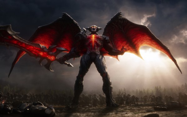 Aatrox from League of Legends standing triumphantly with wings outstretched in a HD desktop wallpaper.