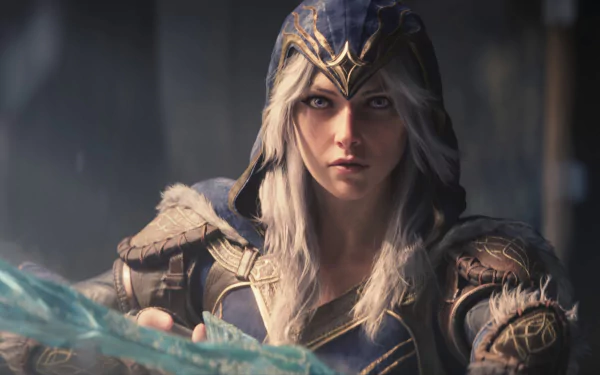 HD wallpaper of Ashe from League of Legends, featuring the iconic champion with a bow in a detailed fantasy setting.