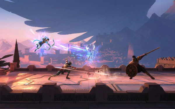 HD wallpaper featuring a dynamic scene from the video game Prince of Persia: The Lost Crown, with the protagonist in combat on a palace platform with a scenic view in the background.