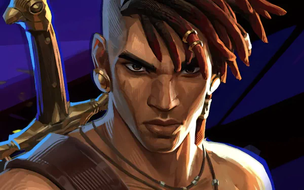 HD desktop wallpaper featuring the protagonist from the video game Prince of Persia: The Lost Crown set against a stylistic blue background.