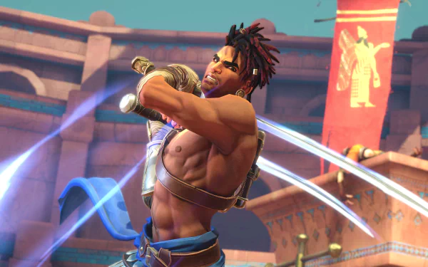 HD wallpaper featuring the protagonist from Prince of Persia: The Lost Crown video game wielding a glowing sword in a dynamic action pose, set against an ancient desert city backdrop for desktop background.