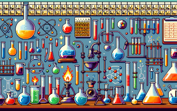 Colorful HD chemistry-themed desktop wallpaper featuring laboratory equipment and periodic table.