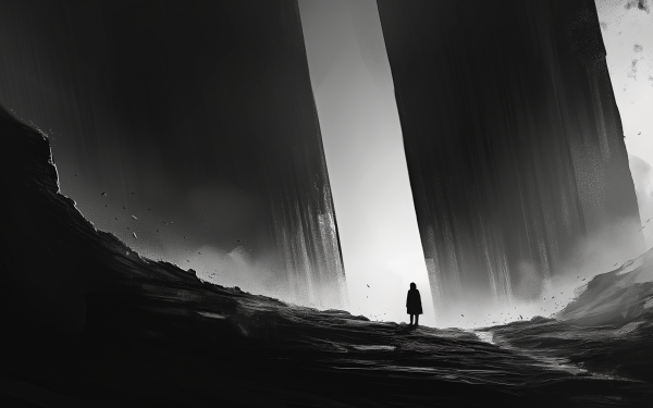 HD dark aesthetic desktop wallpaper featuring a solitary figure standing amid towering monolithic structures with beams of light penetrating the shadows.