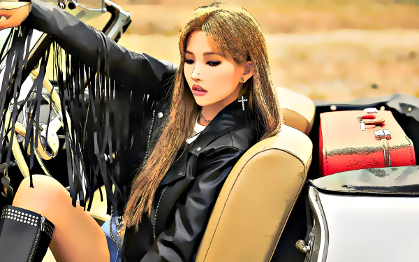(G)I-DLE Soyeon exudes K-pop charisma in a vibrant HD desktop wallpaper, creating a dynamic and engaging music-themed background.