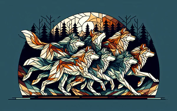 HD wallpaper featuring an artistic illustration of a wolf pack running with a forest and moon backdrop.
