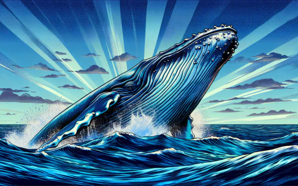 HD desktop wallpaper featuring a majestic humpback whale breaching with sun rays in the background.