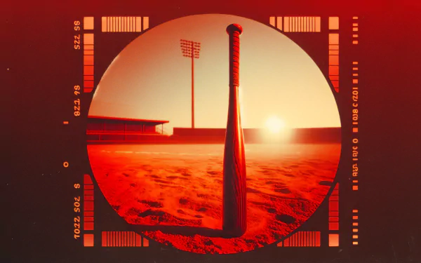 An HD desktop wallpaper featuring a baseball bat set against a sunset, surrounded by a circular film frame, capturing the essence of the sport.