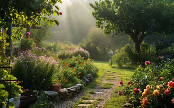 HD desktop wallpaper featuring a serene flower garden path with vibrant blooms and lush greenery, bathed in soft sunlight.
