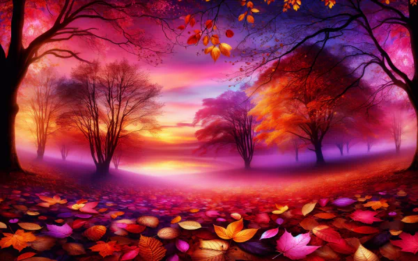 Autumn sunset landscape with colorful falling leaves and trees silhouette for HD desktop wallpaper background.