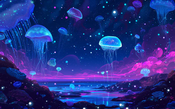 HD wallpaper of a fantasy bioluminescent jellyfish scene with vibrant blue and purple hues for desktop background.