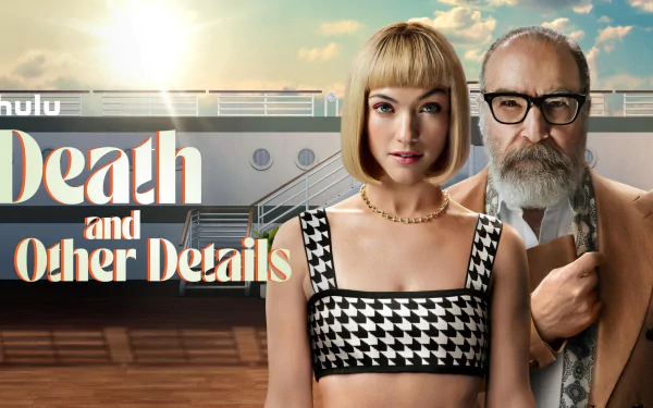 HD desktop wallpaper featuring two characters from the TV show 'Death and Other Details' with a dramatic sky background.