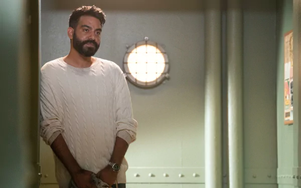 A pensive man standing in a dimly lit hallway with a nautical-style wall light in the background, creating a somber atmosphere in a TV show-themed HD desktop wallpaper.