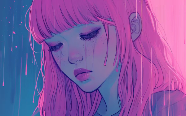 HD wallpaper of a sad lofi girl with a pink and blue color scheme for desktop background.