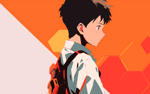 Anime HD desktop wallpaper of Shinji Ikari from Neon Genesis Evangelion with a vibrant orange background.