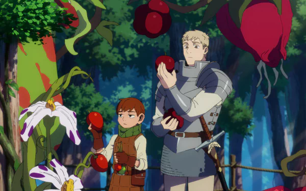 Laios Touden and Chilchuck Tims explore a vibrant forest filled with oversized fruits in this HD desktop wallpaper from *Delicious in Dungeon*. A colorful and engaging scene.