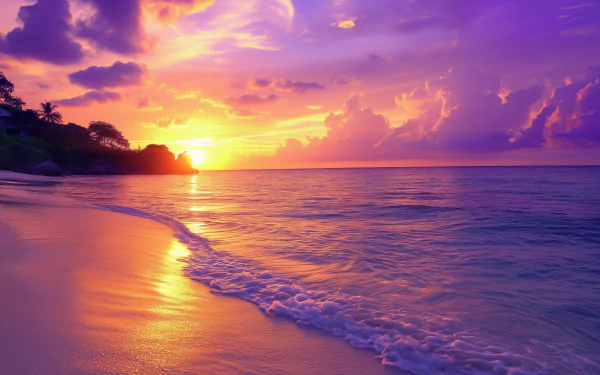 HD wallpaper of a sunset on a serene beach, evoking a dream vacation mood for a desktop background.