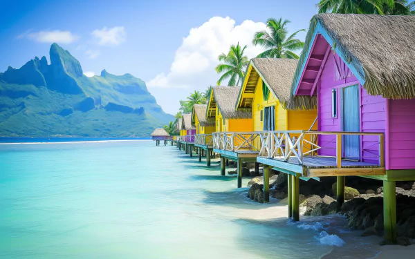 HD wallpaper of colorful overwater bungalows on a tropical beach, embodying a dream vacation destination.
