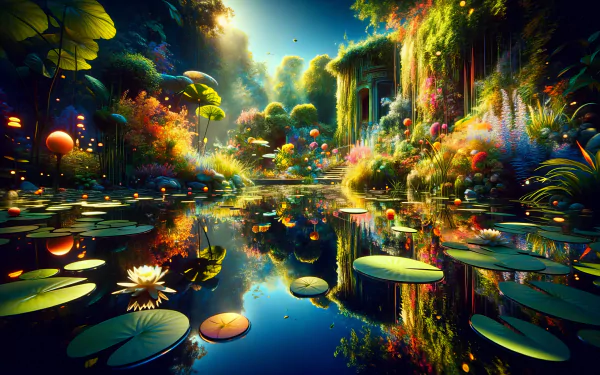 Enchanting HD wallpaper of a water garden with lily pads and vibrant foliage for desktop background.