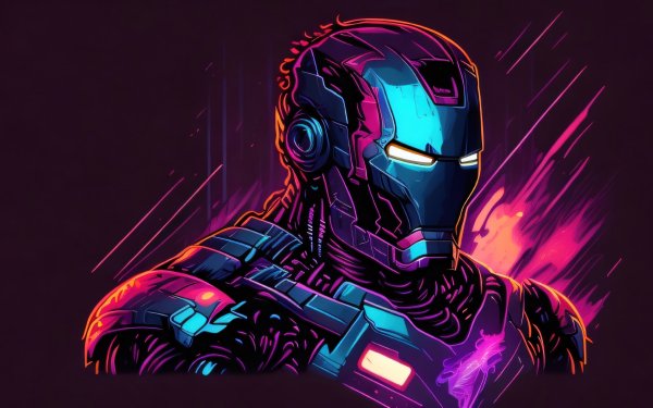 Stylized Iron Man HD wallpaper featuring a dynamic comic book-inspired illustration with neon colors on a dark background, perfect for desktops.