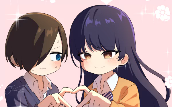 Chibi-style Ichikawa Kyoutarou and Anna Yamada from The Dangers in My Heart form a heart with their hands in a 4K Ultra HD anime wallpaper.