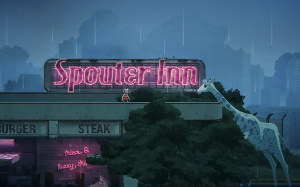 HD wallpaper of The Cub video game featuring the Spouter Inn with a rain-soaked ambient setting and a giraffe peering over the building.
