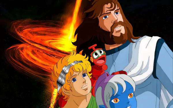 HD desktop wallpaper featuring characters from the anime Ulysses 31 with a cosmic backdrop