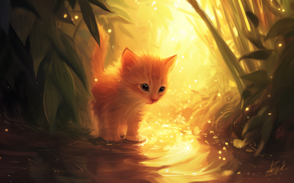 Cute orange kitten in magical forest light, HD desktop wallpaper and background.