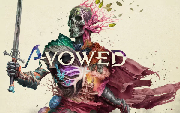 HD desktop wallpaper featuring artistic concept artwork for the video game Avowed, depicting a skeletal warrior with vibrant elements and the game's logo.