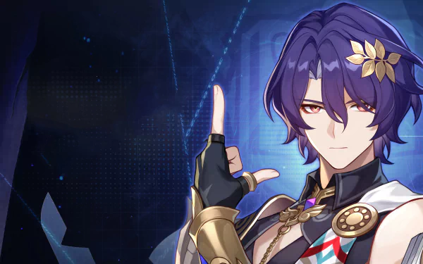 An HD wallpaper featuring Dr. Ratio from Honkai: Star Rail, showcasing the character with striking purple hair and a confident pose against a dynamic background.