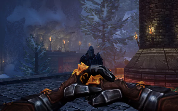 HD desktop wallpaper featuring a first-person view from the video game Graven, with gloved hands holding a weapon and a mystical snowy backdrop with torches and a dark figure.