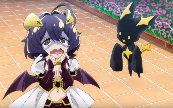 A vibrant HD desktop wallpaper featuring Utena Hiiragi, a magical girl expressing excitement, accompanied by a cute creature, set in a bright flower-adorned background.