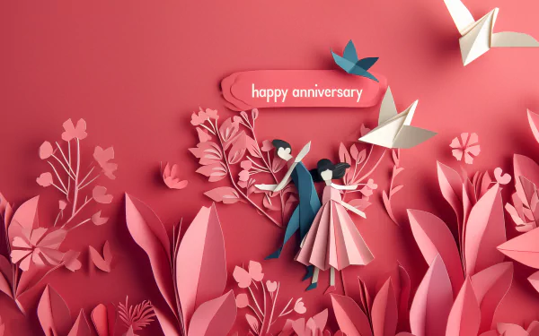 Happy Anniversary HD wallpaper featuring a stylized couple and floral paper art design on a vibrant red background.