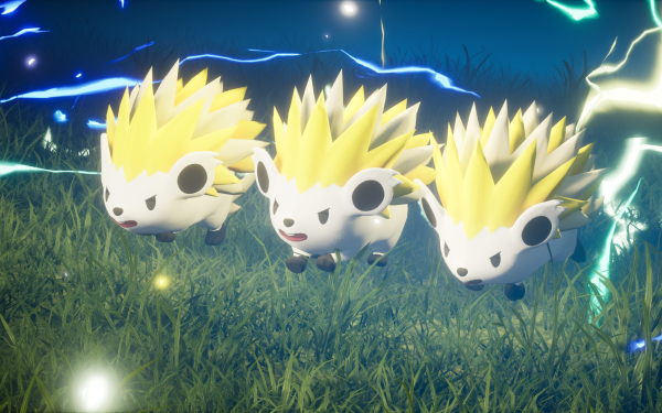 HD desktop wallpaper featuring three adorable creatures from Palworld video game, set against a night scene with sparkling lights and electric effects.