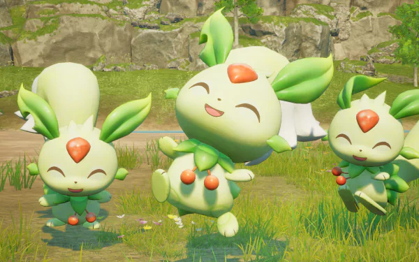 High-definition desktop wallpaper featuring cute creatures from the video game Palworld.