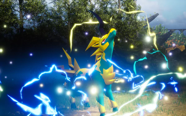 HD wallpaper of a dynamic scene from Palworld video game featuring a creature with electric powers in a vibrant forest environment.