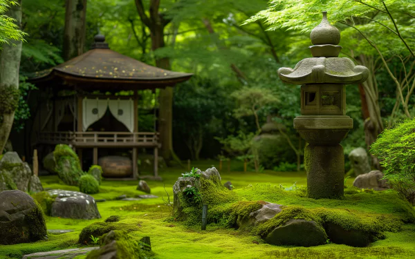 HD desktop wallpaper of a serene moss garden with a traditional stone lantern and gazebo surrounded by vibrant greenery.