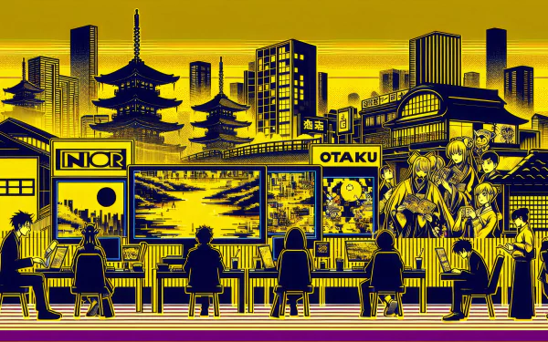 Anime-themed otaku HD desktop wallpaper featuring a vibrant cityscape and character silhouettes in yellow and black tones.