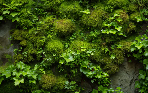 Lush green moss wall with vibrant leaves, perfect as a tranquil HD desktop wallpaper and background image.