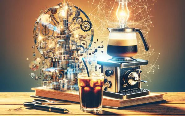 HD desktop wallpaper featuring a steampunk-inspired cold brew coffee setup with a siphon coffee maker, a glass of cold brew, and intricate mechanical gears in the background.
