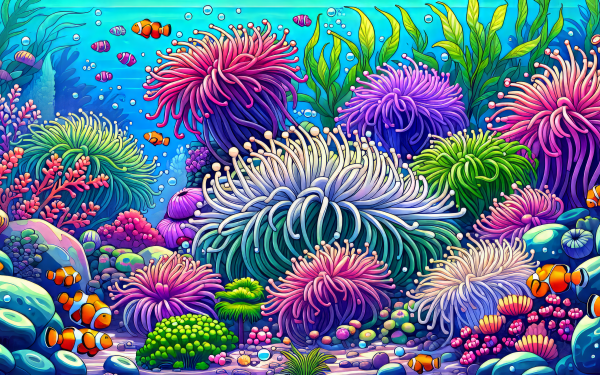 Colorful sea anemones and coral reef HD desktop wallpaper and background.